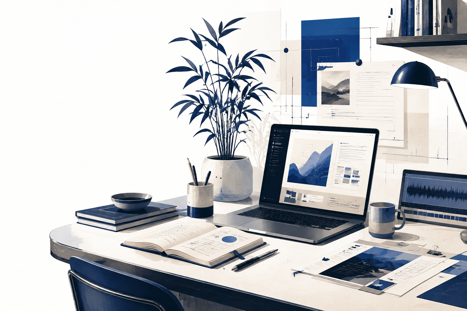 Futuristic editorial illustration of a refined flexible-work studio